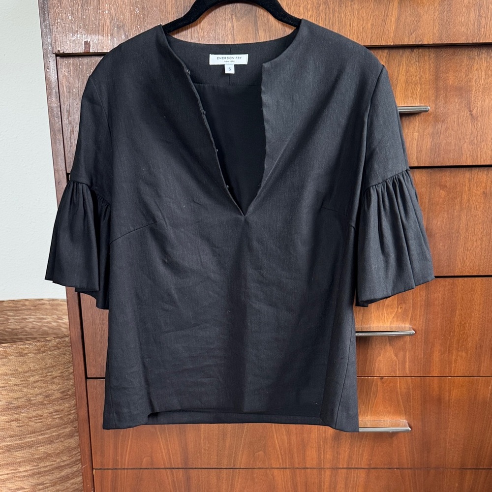 Emerson Fry Black Linen-Blend V-Notch Ruffle Sleeve Top